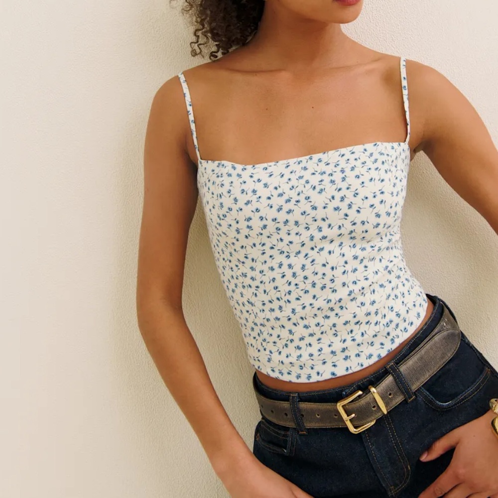 Reformation White Floral Spaghetti Strap Crop Top